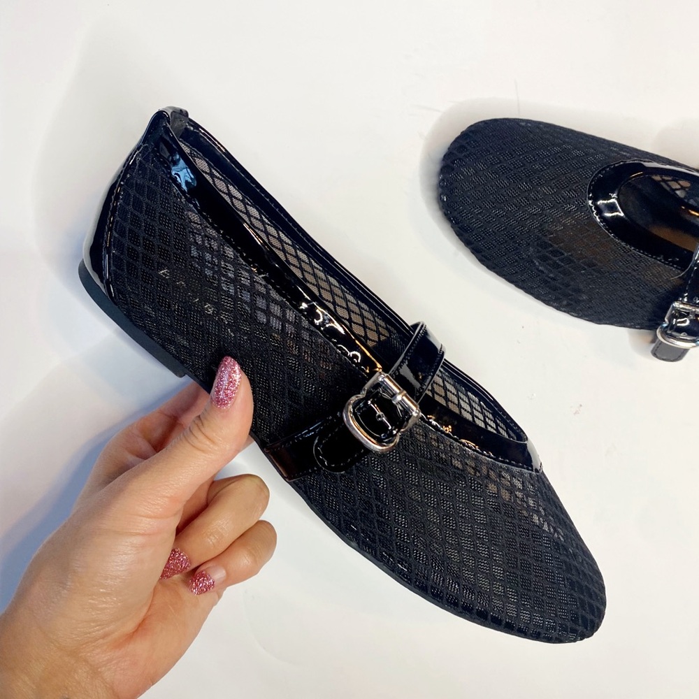 NIB Black Mesh Mary Jane Flats